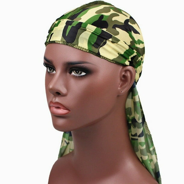 Men Women Silky Durag Turban Cap Long Tail Bandanas Camo Headwear Pirate Hat